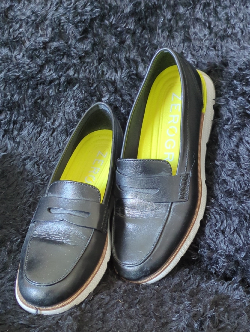 Cole Haan Black Leather Penny Loafers with Neon Yellow Insole